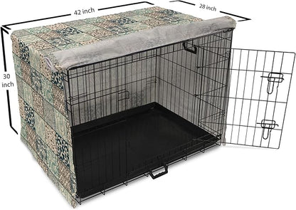 Lunarable Geometric Dog Crate Cover, Antique Mosaic with Victorian Garden Motifs Damask and Scroll Flower, Easy to Use Pet Kennel Cover for Medium Large Dogs, 42 Inch, Seafoam Brown Dark Blue
