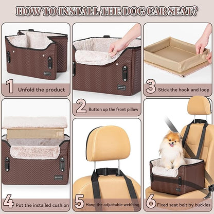 PETSFIT Car Seat for Dogs, Waterproof PU Leather Dog Car Seat for Small Dogs with Patented Safe Buckles, Clip-On Leash, Pet Travel Carrier Bed for Small Pets Up to 25lbs (Brown)