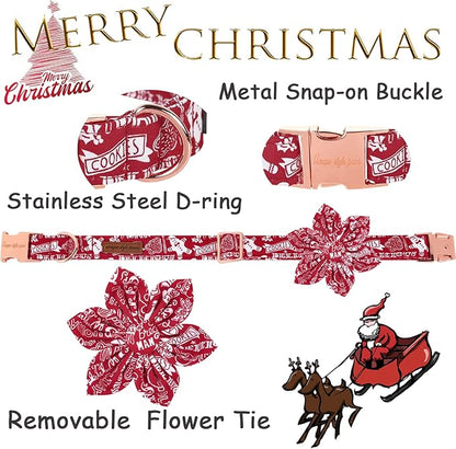Unique style paws Christmas Dog Collar with Flower Tie Winter Gingerbread Snowman Theme Puppy Collar for Small Medium Large Dogs-L