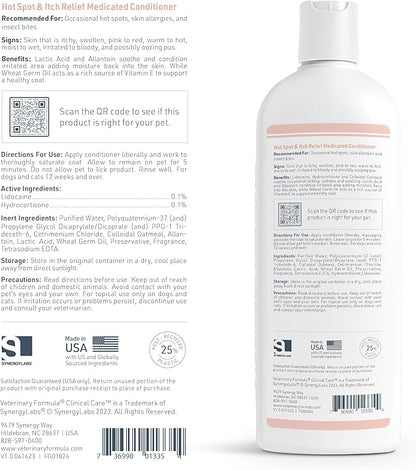 Veterinary Formula Clinical Care Hot Spot & Itch Relief Cat & Dog Medicated Conditioner, 16 oz – Oatmeal Conditions Skin for a Lustrous Coat, Formulated to Help Alleviate Itchy Skin