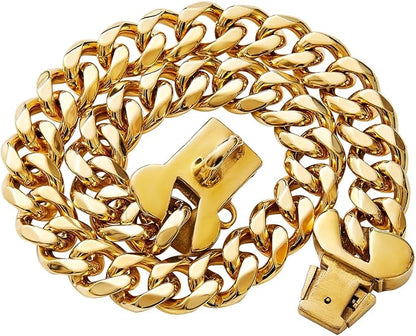 15mm Wide Strong Stainless Steel Bone Style Buckle Gold Dog Chain Collar,18K Gold Plated Cuban Link Chain Dog Necklace Collar for Medium Large Dogs - 20''
