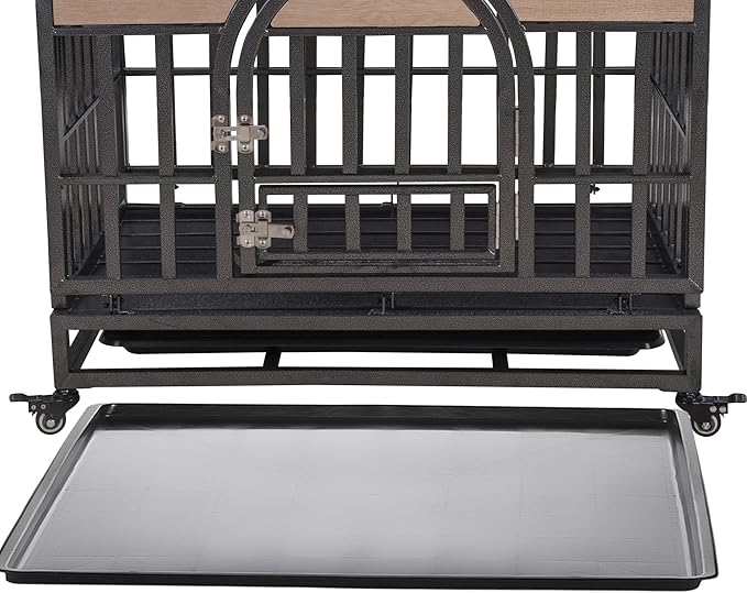 46in Dog Kennel Furniture, Heavy Duty Dog Crate with Removable Trays and Wheels, Metal Dog Crates for Large Dogs