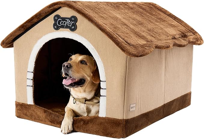 Jiupety Indoor Dog House with Frame, Large Dog Cave Bed, Insulated Cozy, Suitable for 50-90 lb, Jumbo (38"×30"×28"), Brown