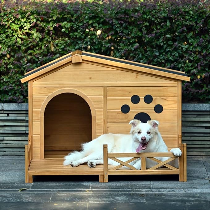 Merax 48" Wooden Dog House Outdoor, Medium Large Breed Outside Kennel with Porch, Paw Print, Weatherproof Asphalt Roof and Fencing