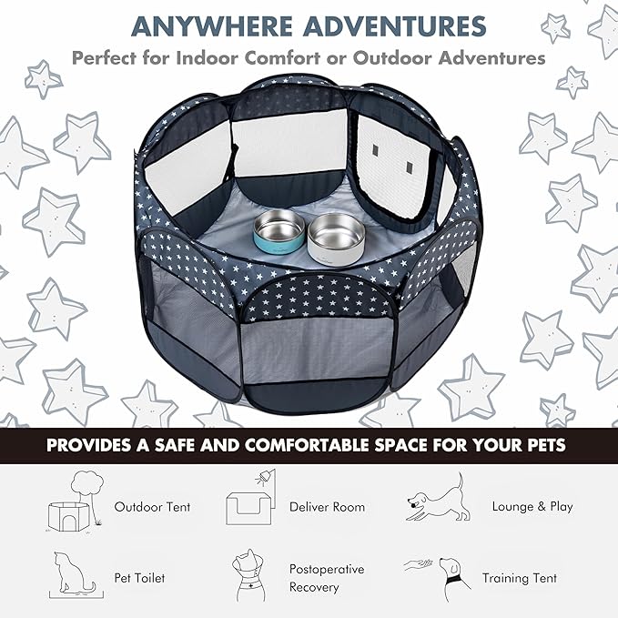 GrandTies Waterproof Dog & Cat Playpen – Foldable Pet Tent for Indoor & Outdoor, Pop-Up Kennel for Puppies, Kittens & Rabbits – Portable Travel Crate with Carrying Case (Starry Night, Large)