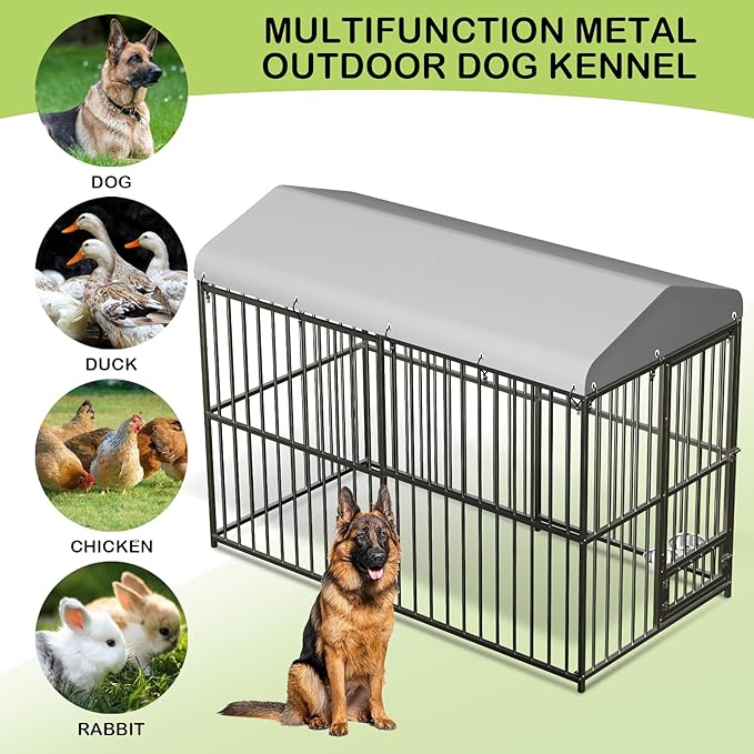Large Outdoor Dog Kennel with Waterproof Cover, Large Dog House with Feeding Doors, Heavy Duty Dog Enclosures for Garden Backyard Courtyard（8×4×6FT）