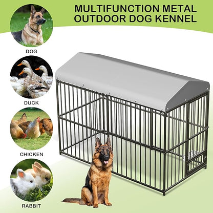 Large Outdoor Dog Kennel with Waterproof Cover, Large Dog House with Feeding Doors, Heavy Duty Dog Enclosures for Garden Backyard Courtyard（8×4×6FT）