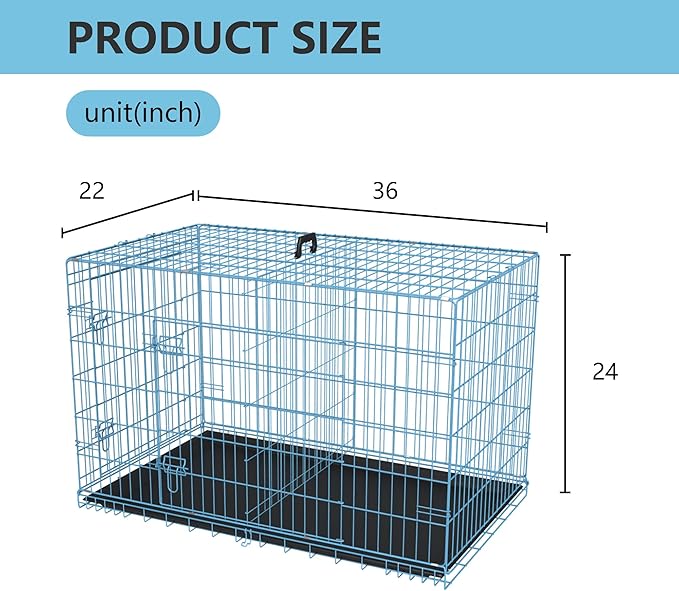 FDW Dog Crate Dog Kennel Cage with Double Door,36 inch Folding Metal Wire Dog Cage with Removable Tray&Divider Panel,Pet Crate for Medium Dogs,Blue