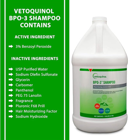 Vetoquinol BPO-3 Shampoo for Dogs, Cats & Horses (3% Benzoyl Peroxide) – 128oz – Deep Cleaning, Medicated Shampoo Opens & Flushes Hair Follicles – Degreases Oily Coats – Soothes Red, Flaky, Itchy Skin