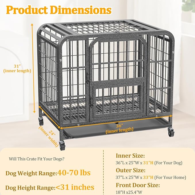 Dog Crates for Medium Dogs 37 inch, Heavy Duty 10-Gauge Steel Dog Kennel Indoor Escape Proof, Wire Cage for High Anxiety or Arthritic Dogs Comfortable with Lockable Wheels, Bottom Tray Easy to Clean