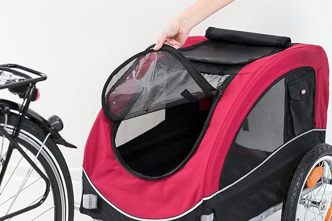 TRIXIE Convertible Dog Bike Trailer and Pet Stroller for Small to Medium Dogs up to 48 lbs, Quick Set-up and Fold Down, Red