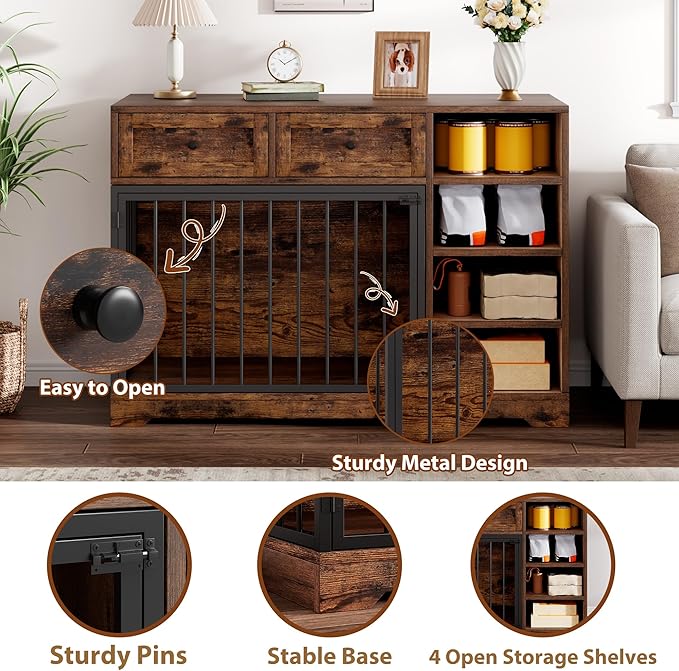 IDEALHOUSE 47” Large Dog Crate, Dog Kennel Indoor with 2 Drawers and 4 Shelves, Dog Crate Furniture TV Stand, Wooden Dog Cage for Medium Large Dogs, Brown