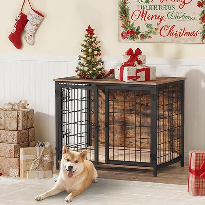 Dog Crate Furniture with Cushion, Wooden Dog Kennel with Double Doors, Heavy Duty Dog Cage for Small/Medium/Large Dogs, Indoor Dog House End Table, 31.5" L, Rustic Brown DCHR0701Z1