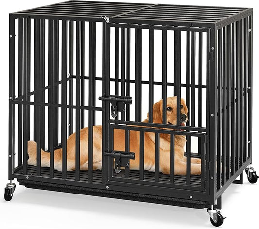 YITAHOME Heavy Duty Indestructible Dog Crate, 37 inch Escape Proof Dog Cage Kennel with Lockable Wheels, High Anxiety Dog Crate, Large Crate Indoor for Small Dog with Removable Tray