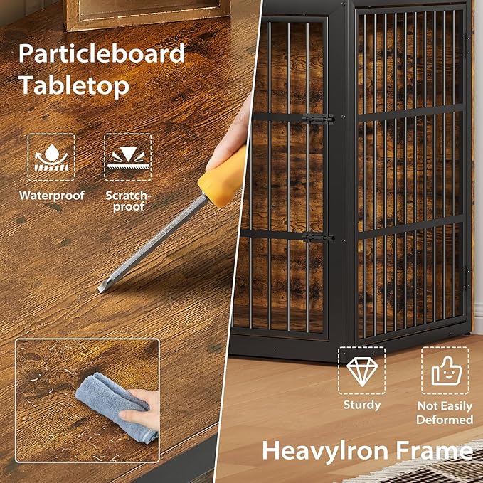 Rovibek 48 Inch Large Dog Crate with 2 Height Adjustable Dog Bowls 360° Rotatable, Cage Furniture for Large/Extra Large Dog Crate Indoor as End Table, Heavy Duty Dogs Kennel, Brown