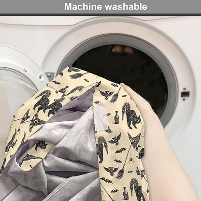 Lunarable Halloween Dog Crate Cover, Sketch Drawn Bat Cat Spider Witch Hat and Broom Pattern, Easy to Use Pet Kennel Cover for Medium Large Dogs, 42 Inch, Grey Beige Charcoal