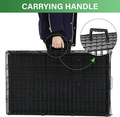Furniture of America Yucca Metal Double Door Folding Wire Pet Crate with Divider, Removable Tray, and Handle for Outdoor and Indoor Medium Dog, 42-inch, Black