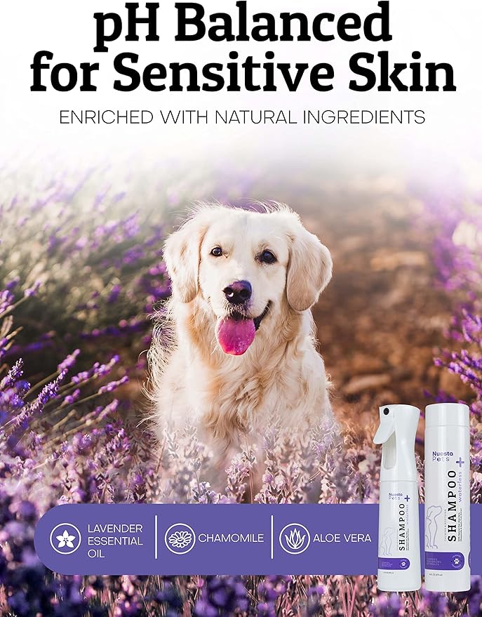 Pets Hypoallergenic Waterless Shampoo | Lavender & Chamomile Formula for Dogs w/ Sensitive Skin | Easy Use 4-n-1 No-Rinse Pet Shampoo, Moisturizer, Conditioner, Deodorizer | Rinse Free Dog Bath