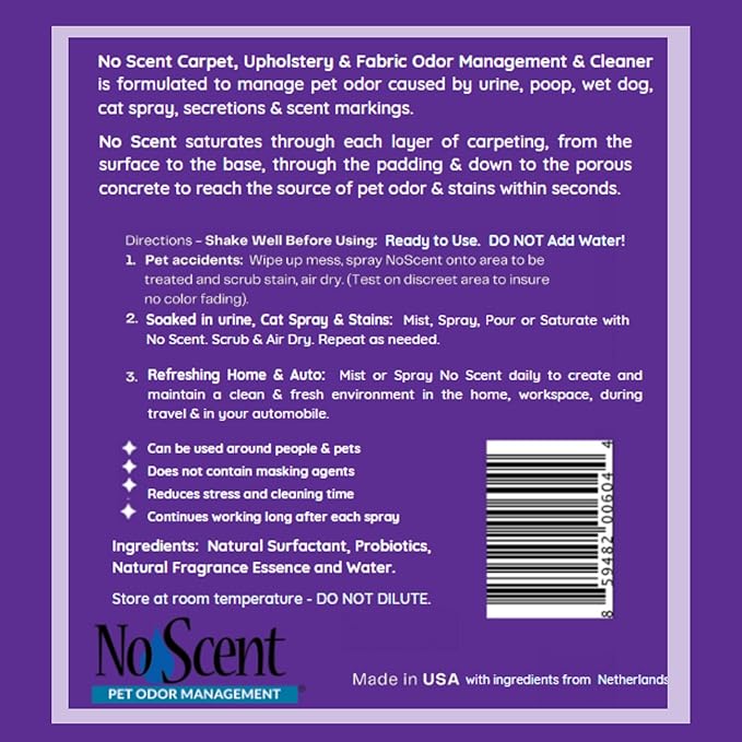 No Scent Carpet Upholstery & Fabric Furniture Spray Spot Cleaner for Wet Dog Smell, Cat Spray, Pet Odor, Urine, Poop & Secretions (128 Fl Oz / 3.8 Liter) Gallon