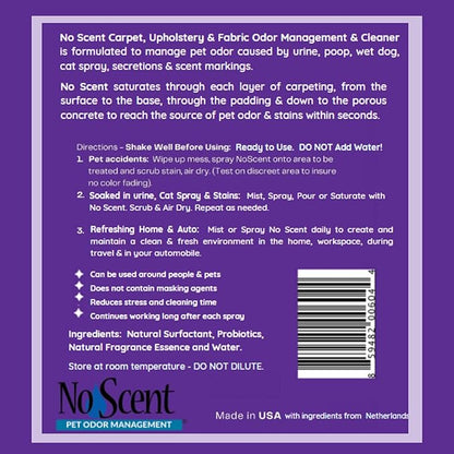 No Scent Carpet Upholstery & Fabric Furniture Spray Spot Cleaner for Wet Dog Smell, Cat Spray, Pet Odor, Urine, Poop & Secretions (128 Fl Oz / 3.8 Liter) Gallon