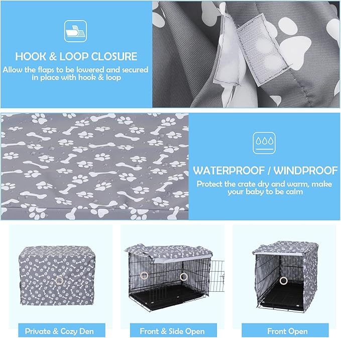 Dog Crate Cover for Wire Crates, Heavy Nylon Waterproof, Fits Most 48" inch Dog Crates, Easy to Put On, Take Off, and Adjust - Cover only - GrayPaw - L