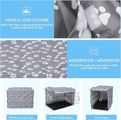 Dog Crate Cover for Wire Crates, Heavy Nylon Waterproof, Fits Most 48" inch Dog Crates, Easy to Put On, Take Off, and Adjust - Cover only - GrayPaw - S