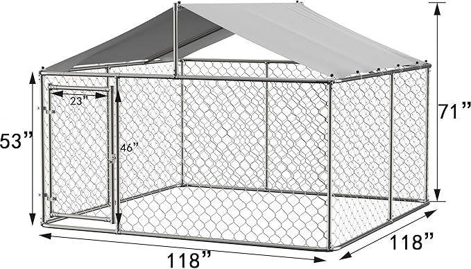 Large Outdoor Dog Cage with UV and Waterproof Cover,Metal Galvanized Rustproof Outdoor Puppy Fence,W/Security Door,Heavy Duty Kennel for Farm & Garden,Silver 9.8'Lx9.8'Wx4.4'H
