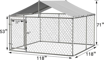 Large Outdoor Dog Cage with UV and Waterproof Cover,Metal Galvanized Rustproof Outdoor Puppy Fence,W/Security Door,Heavy Duty Kennel for Farm & Garden,Silver 9.8'Lx9.8'Wx4.4'H