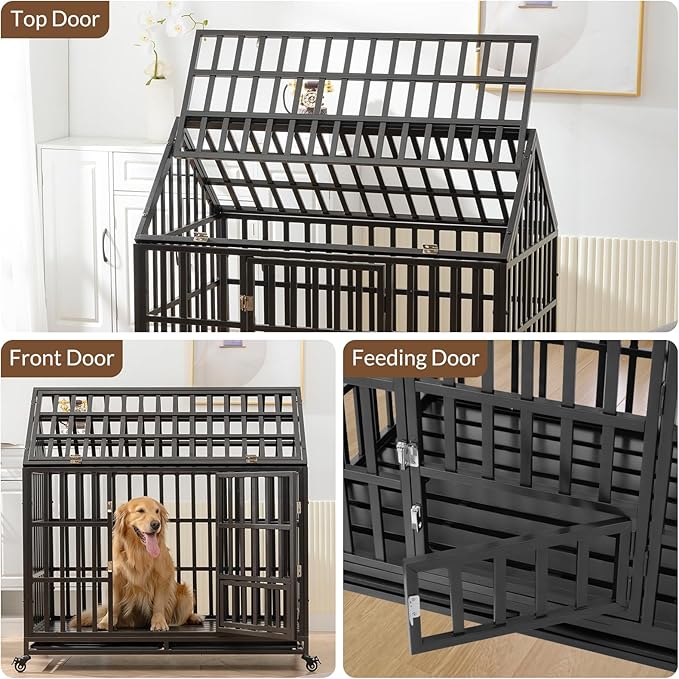 Rovibek 48 Inch XXL Dog Crate, Heavy Duty Dog Crate with Lockable Wheels, Escape Proof Dogs Cage for Extra Large Dogs, Dog Kennel Indoor, Indestructible Dog Crates with Removable Trays