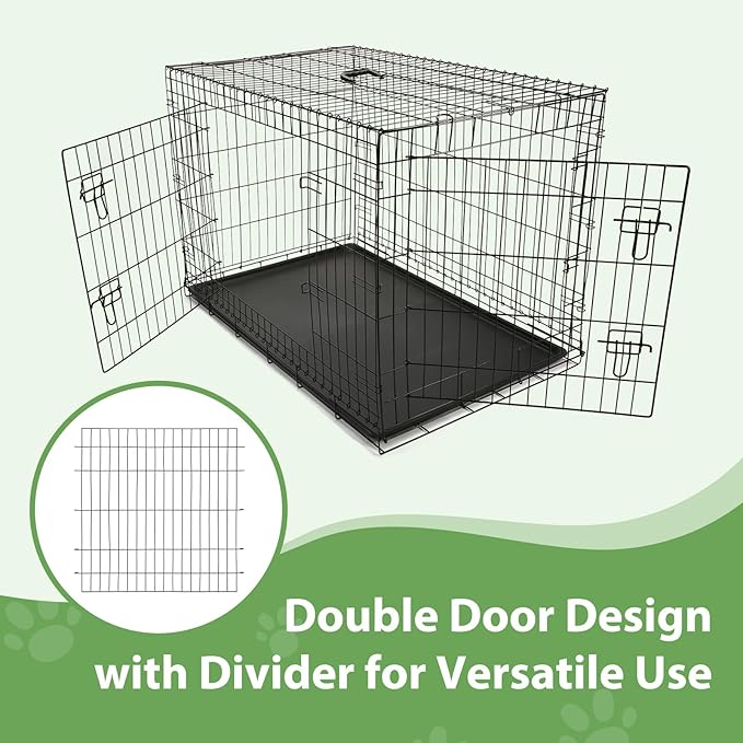 Wire Dog Crate Large 42 inches w/Divider Double Door,Heavy Duty, Collapsible and Portable Folding Metal Kennel, Removable Tray, Indoor/Outdoor,Black