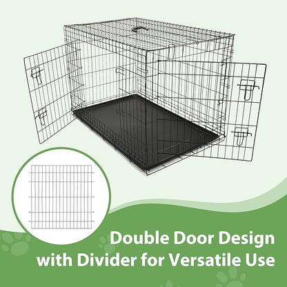 Wire Dog Crate Large 42 inches w/Divider Double Door,Heavy Duty, Collapsible and Portable Folding Metal Kennel, Removable Tray, Indoor/Outdoor,Black