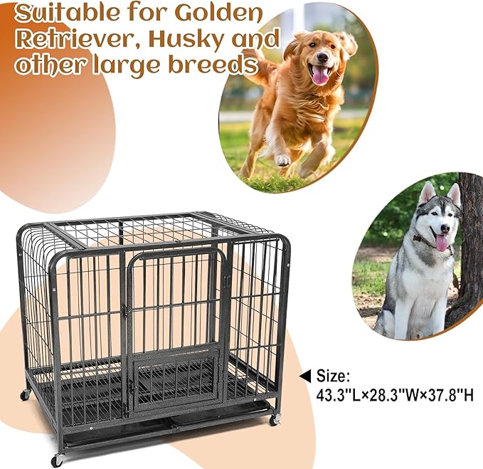 43.3inch Indestructible Metal Dog Crates for Large Dogs, Heavy Duty Escape Proof Dog Kennel Indoor Extra Large Dog Crate with Lockable Wheels, XL Dog Crate 43.3" L x 28.3" W x 37.8" H”