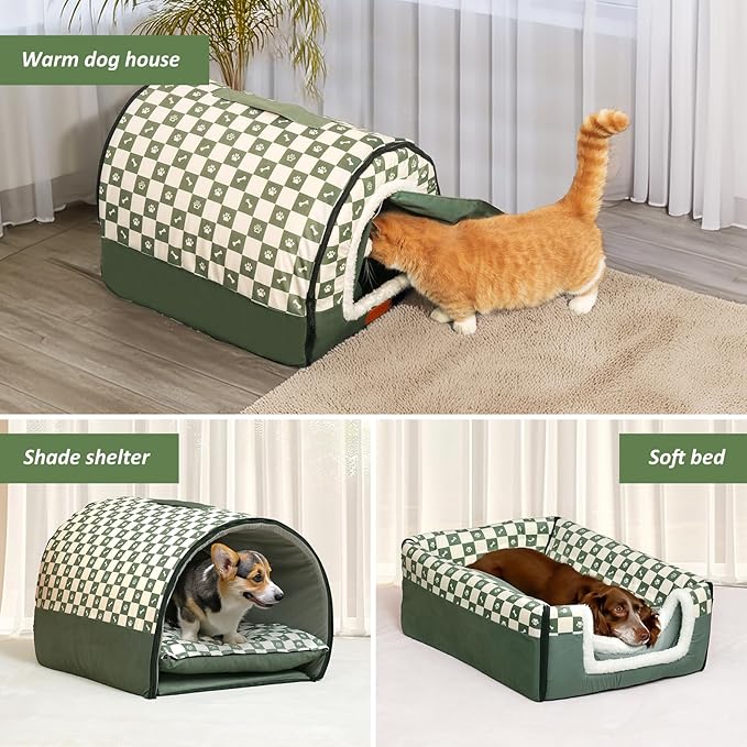 Dog House Indoor, Cozy Dog Cave Bed with Door Curtain, Cushion Mat, Removable and Washable Cover, Multi-Purpose Covered Dog Bed & Cat House for Cats and Small Dogs