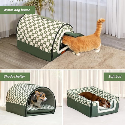 Dog House Indoor, Cozy Dog Cave Bed with Door Curtain, Cushion Mat, Removable and Washable Cover, Multi-Purpose Covered Dog Bed & Cat House for Cats and Small Dogs