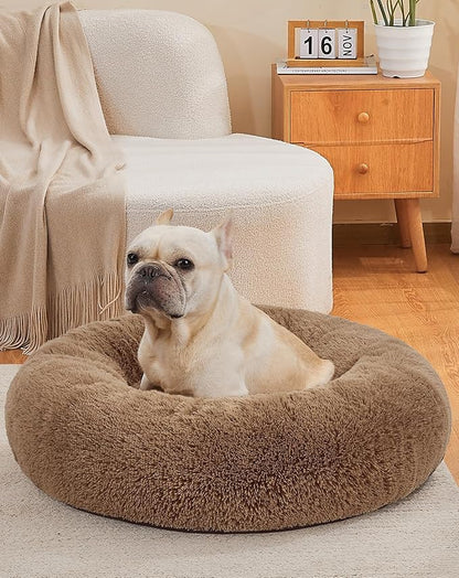 OhGeni Calming Donut Dog & Cat Bed Pillow, Machine Washable Plush Waterproof Zipper Cover, Anti-Slip Round Comfort Pet Bed, Pillow Design Cozy Warming Fluffy Fur Bed for Medium Dogs, Ocher, 30 inches