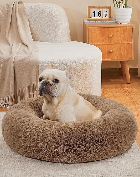 OhGeni Calming Donut Dog & Cat Bed Pillow, Machine Washable Plush Waterproof Zipper Cover, Anti-Slip Round Comfort Pet Bed, Pillow Design Cozy Warming Fluffy Fur Bed for Medium Dogs, Ocher, 30 inches