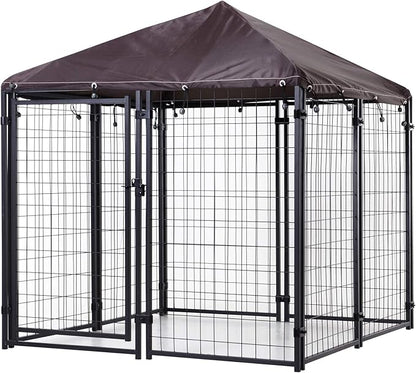 PawHut 4.6' x 4.6' x 5' Outdoor Dog Kennel, Walk-in Pet Playpen, Welded Wire Steel with Water and UV-Resistant Canopy, Black