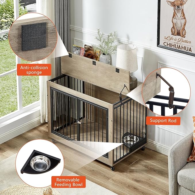 Dog Crate Furniture Heavy Duty Dog Kennel, 38 inch Indoor Double Doors Dog Cage for Small/Medium Dogs Up to 65lb, Decorative Dog Cage End Table with Rotatable Feeding Bowl