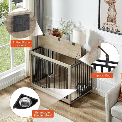 Dog Crate Furniture Heavy Duty Dog Kennel, 38 inch Indoor Double Doors Dog Cage for Small/Medium Dogs Up to 65lb, Decorative Dog Cage End Table with Rotatable Feeding Bowl