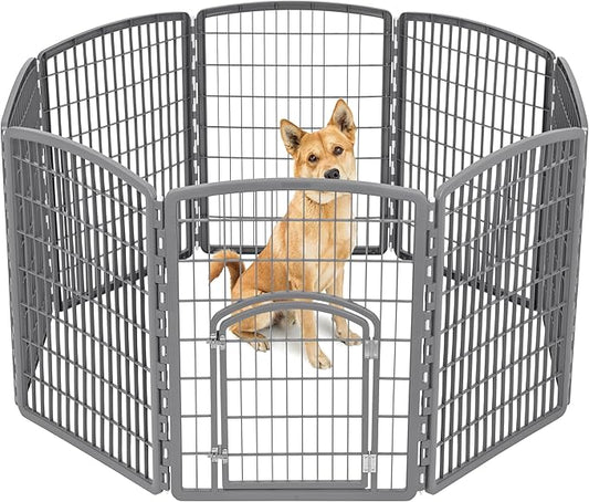 IRIS USA Dog Playpen, 8-Panel 34" Pet Playpen with Door, Puppy Playpen, Indoor/Outdoor Dog Pen, 63 x 63 x 34, Foldable, Customizable, Dark Gray
