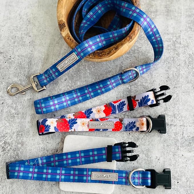 Lucky Love Dog, Blue and Violet Plaid Dog Collar and Leash Set, Adjustable & Comfy Combo Set for Boy and Girl Dogs - (Large, Scotty Combo)