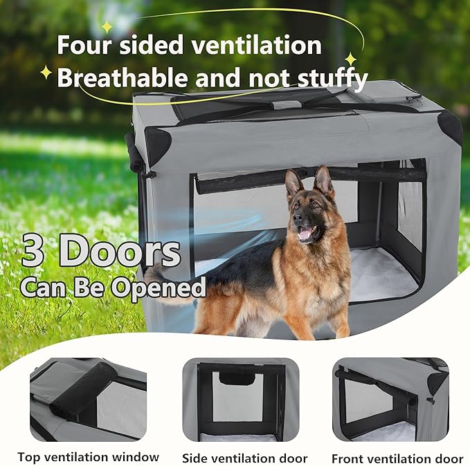 FDW 42 Inch Soft Collapsible Dog Crate 3-Door Open Dog Kennel with Mesh Window Portable Travel Pet Crate Indoor & Outdoor Pet Home, Grey
