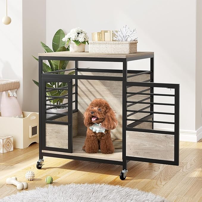 DWVO Dog Crate Furniture, 24 Inch Dog Kennel Indoor Furniture End Table for Dogs, Modern Decorative Wooden Cage with Wheels, Chew-Resistant, Greige