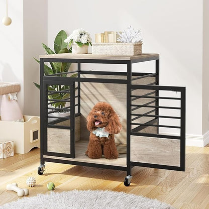 DWVO Dog Crate Furniture, 23.6 Inch Dog Kennel Indoor Furniture End Table for Small Dogs, Modern Decorative Cage Wooden Dogs Crate Furniture with Wheels, Chew-Resistant, Grey
