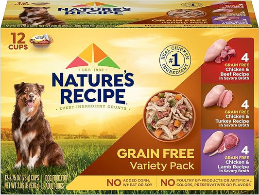 Nature’s Recipe Grain Free Chicken & Beef Recipe, Chicken & Turkey Recipe and Chicken & Lamb Recipe in Savory Broth Variety Pack Wet Dog Food, 12-2.75 oz. Cups, 2 Count