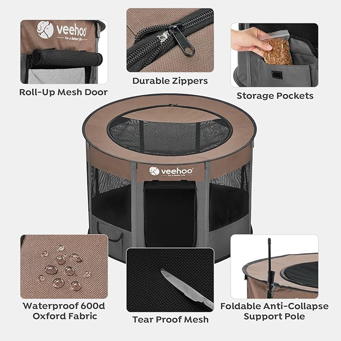 Veehoo Portable Puppy Playpen, Pet Kitten Playpen for Indoor Portable PopUp Dog Kennel Foldable Playpen Outdoor Tent Crate with Carrying Case for Kitten Puppy Small Animal,Coffee 35.8"Lx35.8"Wx22.8"Th