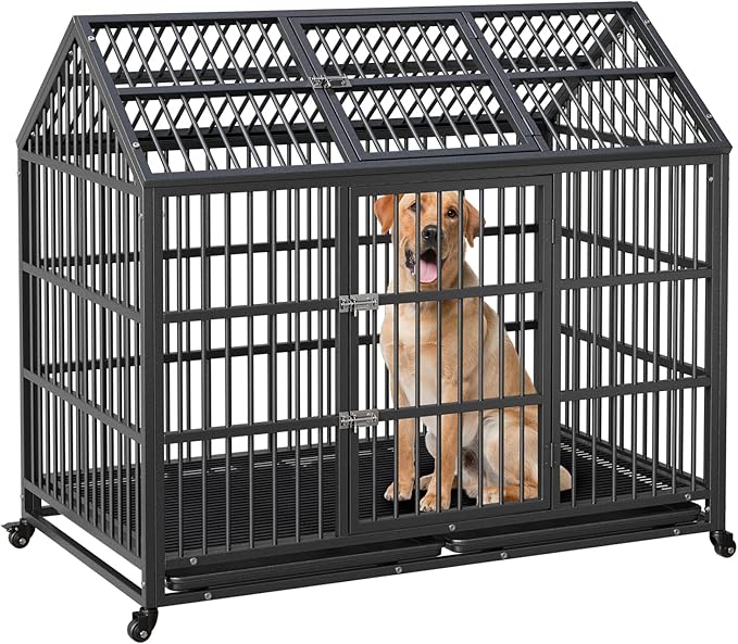 Heavy Duty Dog Crate, 52 Inch Dog Crate with Double Door, 360° Lockable Wheels and Removable Tray, Easy to Assembly，Indoor Dog Cage for Small Medium Large Dogs