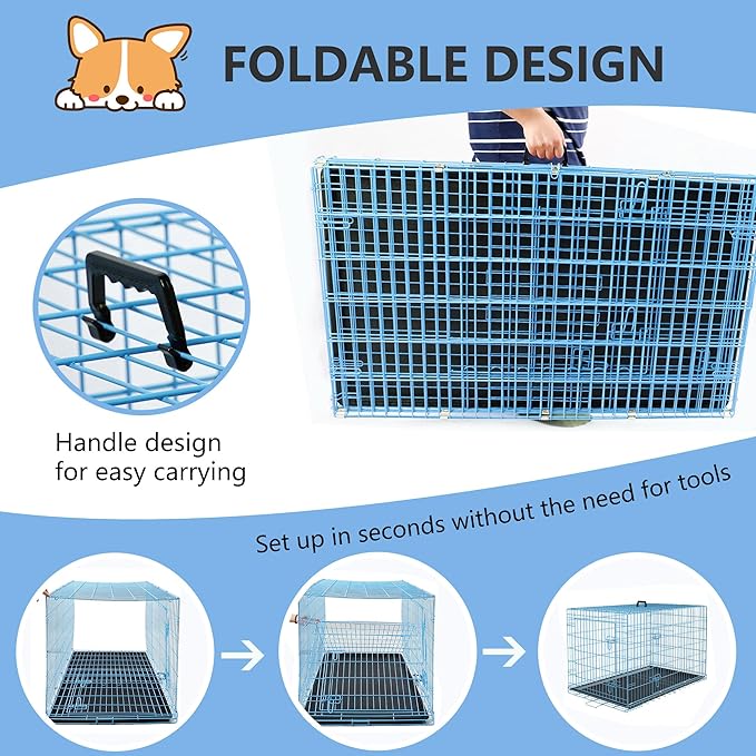 FDW 30 inch Dog Crate Dog Kennel Cage with Double Door Folding Metal Wire Dog Cage with Removable Tray&Divider Panel,Pet Crate for Medium Dogs,Blue