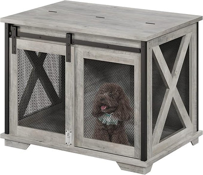 GAOMON Dog Crate Furniture with Slidings Doors，Wooden Dog Kennel End Table with Flip-top Plate for Dogs，Indoor Dog Crate Furniture with Detachable Divider for Medium Dogs, Dog House,Grey