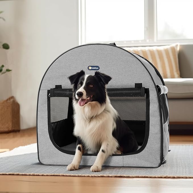 Veehoo Collapsible Dog Crates for Large Dogs - Portable Dog Travel Crate with A Storage Bag, Soft Sided Foldable Dog Kennel for Indoor & Outdoor Use, 32 * 24 * 24 inch, Grey